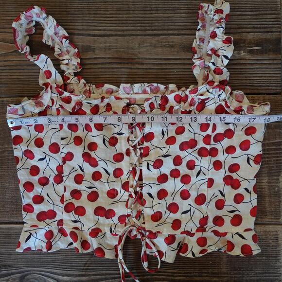 Reformation Corset Bustier Crop Top 10 White Red Cherry Print Linen Lace Up Tank - Picture 5 of 12